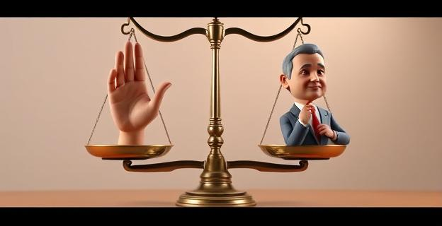 Una balanza con una mano votando y otra mano con un político