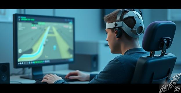 Una imagen de un paciente tetrapléjico utilizando un chip BCI para jugar a un videojuego, con una pantalla de computadora mostrando el juego y el paciente con un dispositivo en la cabeza.