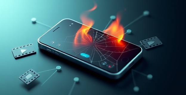 Un smartphone con la pantalla agrietada y sobrecalentada, rodeado de clips de vídeo y símbolos de conexión de datos