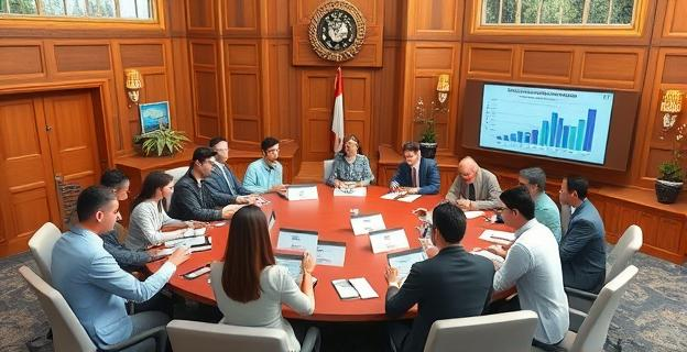 Imagen de un edificio gubernamental con un grupo diverso de personas alrededor de una mesa de reuniones, con documentos y pantallas mostrando gráficos de responsabilidad social y medioambiental
