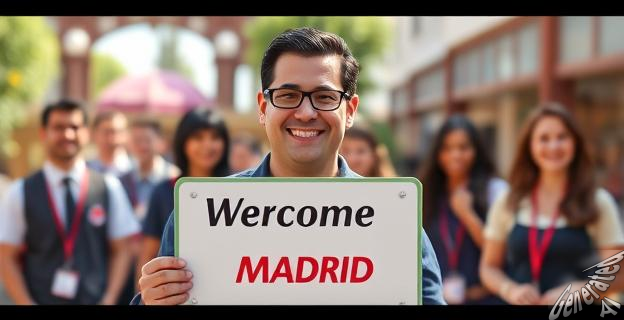 Imagen de Javier Guarido sonriendo mientras sostiene un cartel de bienvenida en Parque Warner Madrid, con empleados y visitantes sonriendo en el fondo.