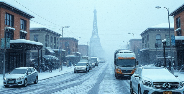 Una tormenta de invierno severa azota una ciudad, con vientos fuertes y nieve cayendo. La gente se prepara para el frío extremo, surtiendo sus casas con suministros esenciales y protegiendo sus vehículos.