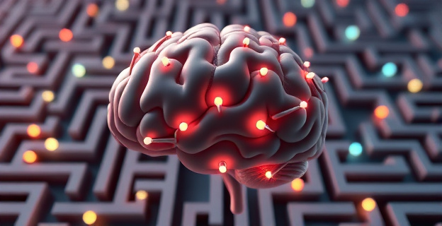Una representación visual de un cerebro humano con luces y conexiones representando los neurotransmisores en acción, sobre un fondo que simula un laberinto con diferentes caminos y decisiones a tomar.