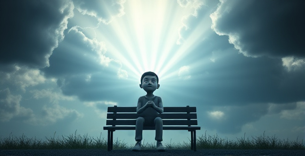 Una persona sentada en un banco, rodeada de pensamientos y emociones contradictorias representadas por nubes oscuras y claros rayos de luz que convergen en su rostro. La figura transmite una sensación de vulnerabilidad y esperanza simultáneamente.