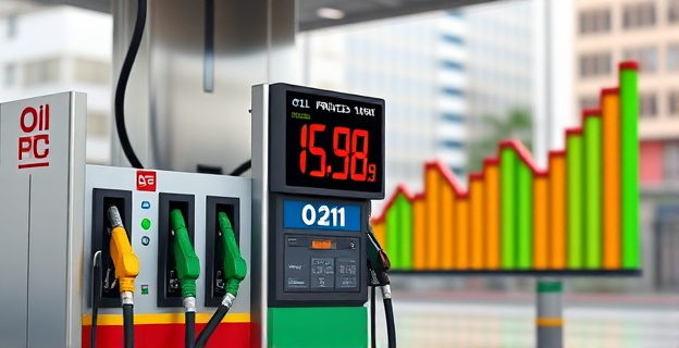 Imagen de una gasolinera con surtidores y un indicador de precios en pantalla mostrando un aumento. Al fondo, un gráfico de barras representando la subida del precio del petróleo. Todo en un entorno urbano.