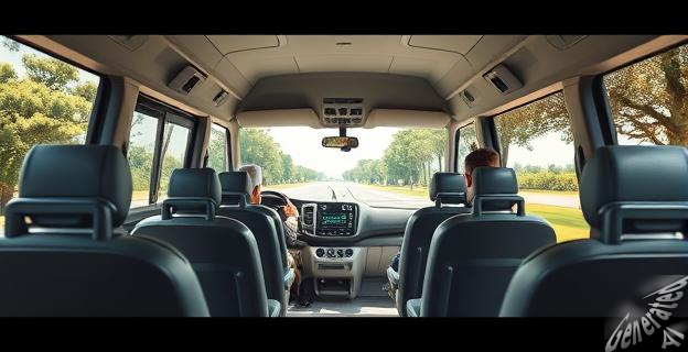 Un minibús eléctrico de 12 plazas recorriendo la Casa de Campo con un supervisor a bordo.