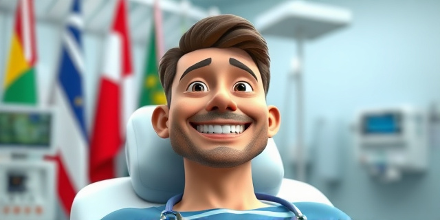 Una imagen de una persona sonriendo mientras recibe atención médica en un hospital, con un fondo de banderas de diferentes países.