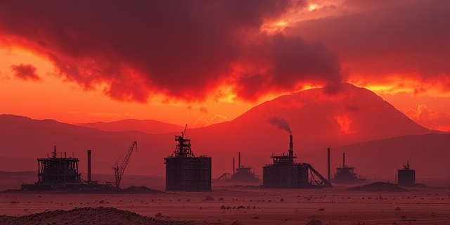 Imagen abstracta de una nube oscura y rojiza extendiéndose sobre un paisaje desértico, con siluetas de estructuras industriales en ruinas. La atmósfera debe ser densa y opresiva, con tonos de naranja y morado. Estilo pictórico, reminiscente de un cuadro expresionista.