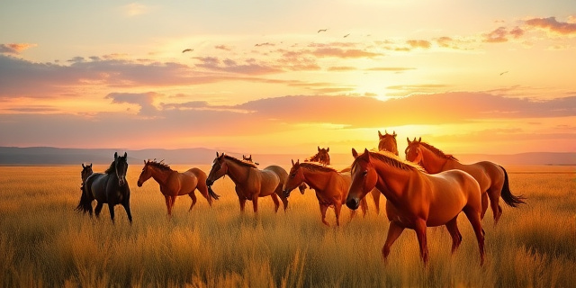 Una pradera dorada bajo un cielo crepuscular. Un grupo de caballos de Przewalski pastan libremente. El estilo es impresionista, con pinceladas sueltas y colores cálidos.  Énfasis en la textura del pelaje y la melena erizada de los caballos.  Sin elementos humanos visibles.