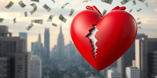 Una imagen de una ciudad con un fondo de dinero y un corazón roto, simbolizando las estafas sentimentales y financieras
