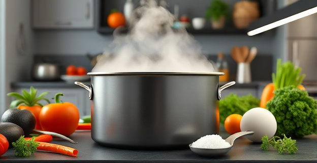 Una olla grande tapada con vapor saliendo, rodeada de ingredientes frescos y un toque de sal en una cuchara al lado. En el fondo, una cocina moderna con utensilios y verduras frescas.