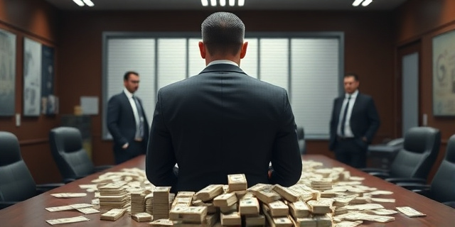 Un despacho policial con un hombre de espaldas, rodeado de agentes, con una gran cantidad de dinero esparcida en la mesa.
