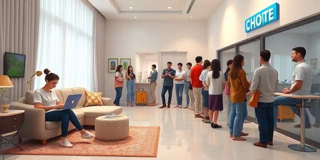 Un grupo de personas sentadas en sus casas, con ordenadores portátiles y sin nada que hacer, mientras una fila de personas espera en una oficina de extranjería.