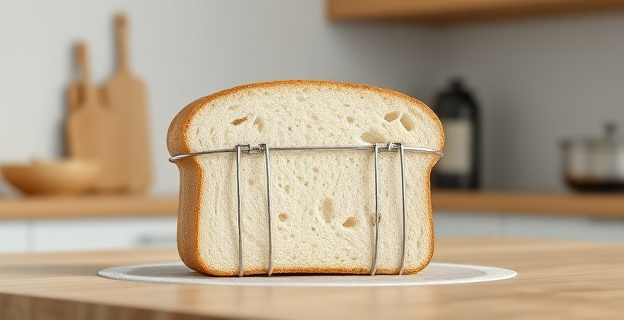 Imagen de un pan de molde con un alambre de cierre, conocido como plastinudo, en una cocina iluminada con luz natural.