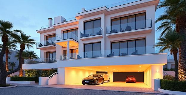 Imagen de un edificio de lujo en Marbella con un garaje subterráneo y una fachada moderna, representando la opulencia y el lujo asociado a la corrupción urbanística