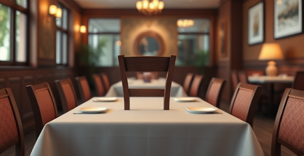Una silla siendo recolocada en una mesa de restaurante vacía, con un ambiente acogedor y ordenado.