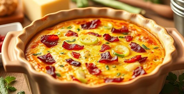 Una quiche dorada y gratinada en un molde de cerámica, con trozos de beicon y puerros visibles, rodeada de ingredientes como queso parmesano y nata.