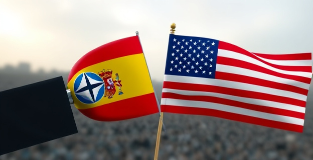 Una imagen que represente la tensión entre España y Estados Unidos en el contexto de un conflicto internacional, con elementos que simbolicen la OTAN y la posición de España como 