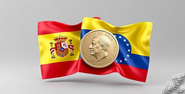 Una bandera de España y otra de Venezuela entrelazadas con una imagen de un premio Nobel en un fondo gris