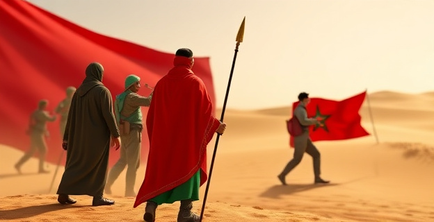 Una imagen conceptual que represente la tensión entre el Frente Polisario y Marruecos, con un fondo que simbolice el desierto del Sahara y figuras que representen la lucha por la autodeterminación, sin mostrar caras de personas reales.