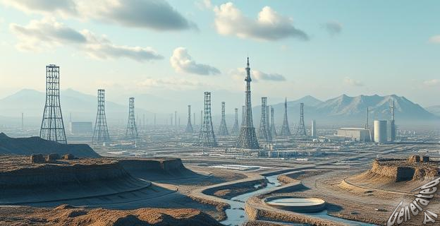 Un paisaje futurista de una ciudad en Asia Central con torres de datos y centrales nucleares en el fondo, con petróleo fluyendo en primer plano.