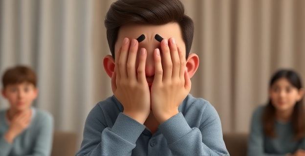 Una persona cubriendo su rostro con las manos mientras observa a alguien en una situación embarazosa al fondo, con una mezcla de sonrojo y turbación en su expresión