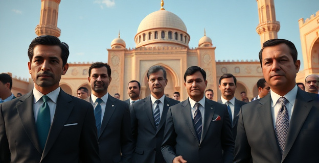 Una imagen en primer plano de una delegación oficial española en Marruecos, con varios hombres de traje y corbata frente a una mezquita famosa, con un ambiente de seriedad y oficialidad