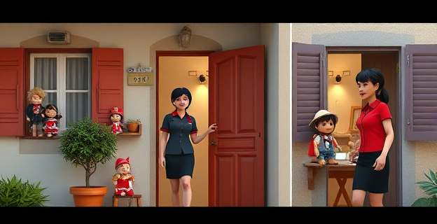 Una escena doméstica con una casa en un pueblo de Mallorca, con una entrada decorada con muñecos. Una mujer con uniforme de comercial está en la puerta, mientras que en el fondo se ve una cámara de seguridad. En una imagen posterior, se muestra a la misma mujer saliendo de la casa con los muñecos en la mano.