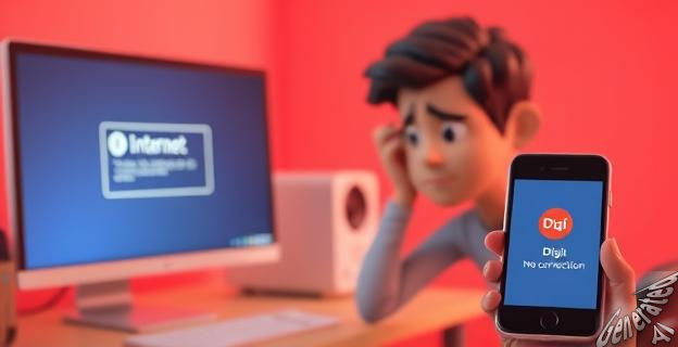 Una persona frustrada frente a un ordenador con una pantalla de error de conexión a internet, mientras un teléfono móvil con la marca Digi en la pantalla muestra un mensaje de 