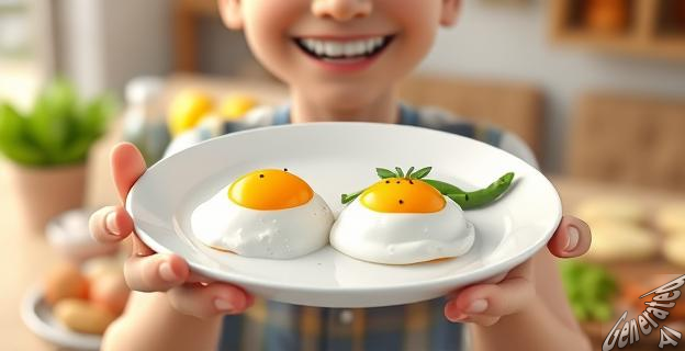 Una persona sosteniendo un plato con dos huevos y verduras frescas, sonriendo, con un fondo de un desayuno saludable.