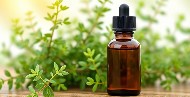 Imagen de una botella de aceite esencial de orégano junto a una planta de orégano fresca, con un fondo que sugiere bienestar y salud natural.