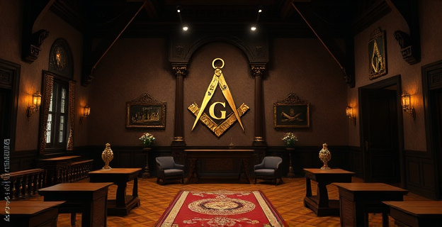 Una logia masónica con símbolos y rituales masónicos, en un ambiente de misterio y secretismo