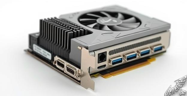 Una imagen de una tarjeta gráfica con un disipador de calor grande y un ventilador, con varios puertos de video en la parte posterior, incluyendo DisplayPort.