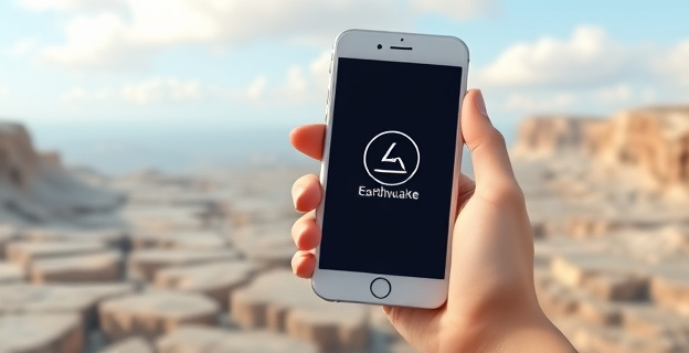 Una mano sosteniendo un smartphone con una alerta de terremoto en la pantalla, mientras al fondo se ve un paisaje con grietas y movimiento sísmico