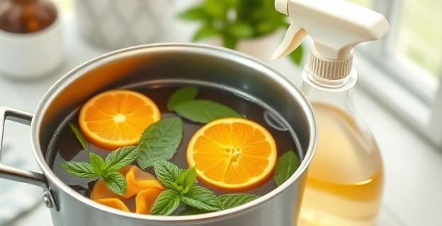 Una olla con agua hirviendo, hojas de menta y cáscaras de naranja. Un pulverizador con el líquido resultante y un hogar limpio y perfumado al fondo.