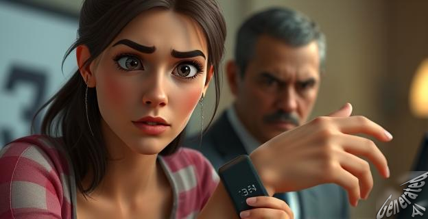 Una mujer con una pulsera electrónica en la muñeca, con una expresión de miedo y preocupación en su rostro, mientras un hombre al fondo la observa amenazante.