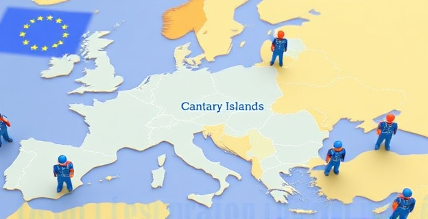 Una imagen conceptual que muestre un mapa de Europa con un foco en Canarias, rodeado de símbolos de la UE y figuras representando a menores migrantes. El fondo podría incluir elementos que sugieran 