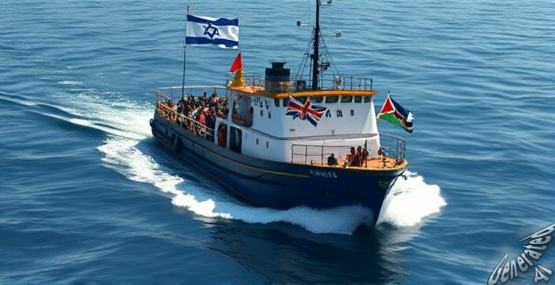 Imagen de un barco de ayuda humanitaria siendo interceptado por la marina israelí en aguas internacionales, con activistas a bordo y banderas de diferentes países