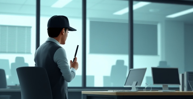 Una escena de una oficina con un detective observando a una empleada a través de una ventana, con un tono de intrusión y vigilancia excesiva