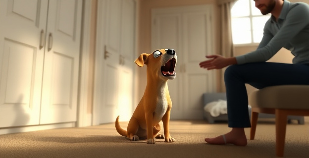 Imagen de un perro asustado en una habitación con puertas y ventanas cerradas, con una cama o refugio en un rincón, y una persona cerca tranquilizándolo con suavidad