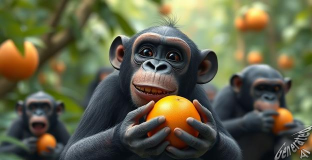 Un chimpancé en la selva sosteniendo una fruta madura y con una expresión de disfrute, mientras que al fondo se ven más chimpancés comiendo fruta.