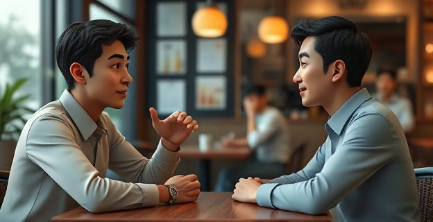 Imagen de dos personas en una conversación intensa en un café, con gestos de escucha atenta y respeto mutuo, sin mostrar rostros reconocibles