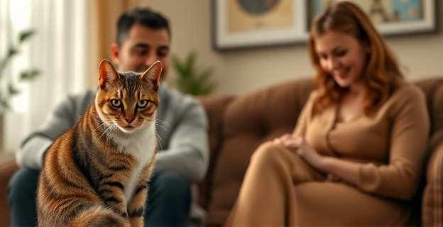 Una imagen conceptual que muestra a un gato doméstico sentado en una habitación con un hombre y una mujer. El gato mira intensamente al hombre, que está sentado en un sofá con una expresión seria, mientras la mujer acaricia suavemente al gato con una sonrisa. El ambiente debe transmitir la diferencia en la interacción entre el gato y cada persona.