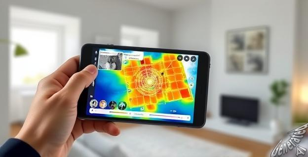 Una persona sostiene un dispositivo móvil con una aplicación de análisis de WiFi, mostrando un mapa de calor de la cobertura en su hogar.
