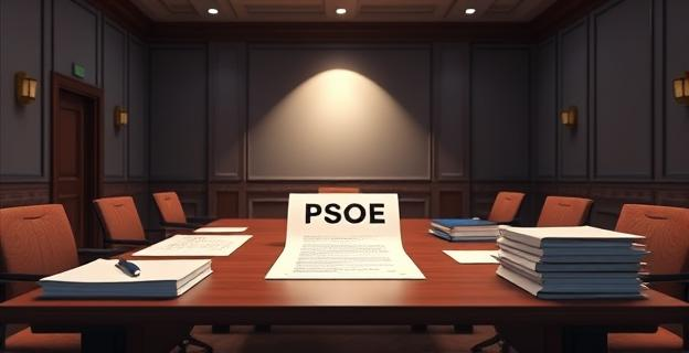 Sala de un juzgado con documentos y expedientes sobre una mesa, con un foco de luz sobre un papel con el logotipo del PSOE