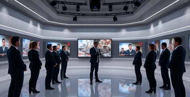 Una imagen conceptual que represente la tensión entre la dirección de RTVE y su Consejo de Informativos. Un grupo de personas vestidas de negro en una sala de redacción vacía, con pantallas de televisión mostrando programas polémicos al fondo.