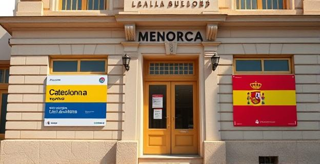 Imagen de un edificio institucional de Menorca con carteles en catalán y español, mostrando la cooficialidad lingüística en un entorno administrativo