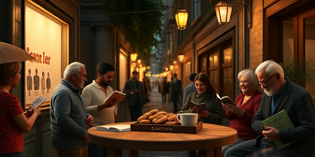 Un callejón iluminado por farolas, donde gente de diversas edades comparte historias, se escuchan risas y se intercambian libros y tarjetas de presentación; en el centro, una mesa de madera con una bandeja de galletas y una taza de café, simbolizando hospitalidad y generosidad sin dinero.