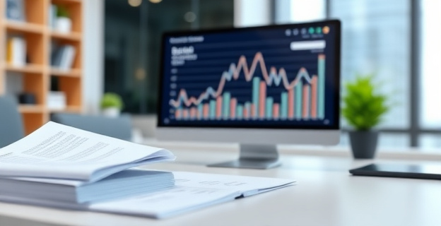 Una escena que muestra una mesa de despacho con documentos y una pantalla de ordenador mostrando gráficos de transferencias bancarias. Al fondo, una imagen borrosa de un edificio corporativo.