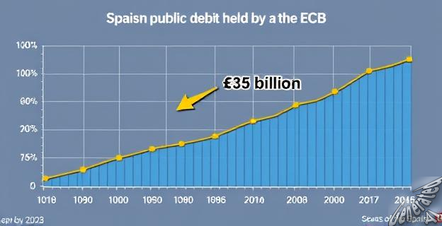 Un gráfico que muestra la evolución de la deuda pública española en manos del BCE, con una flecha que indica la venta de 35.000 millones de euros en bonos españoles.